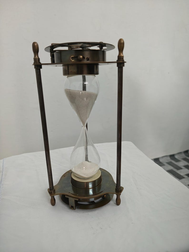 Brass Hourglass with Sundial and Compass Top, 5-Minute, Nautical view 8