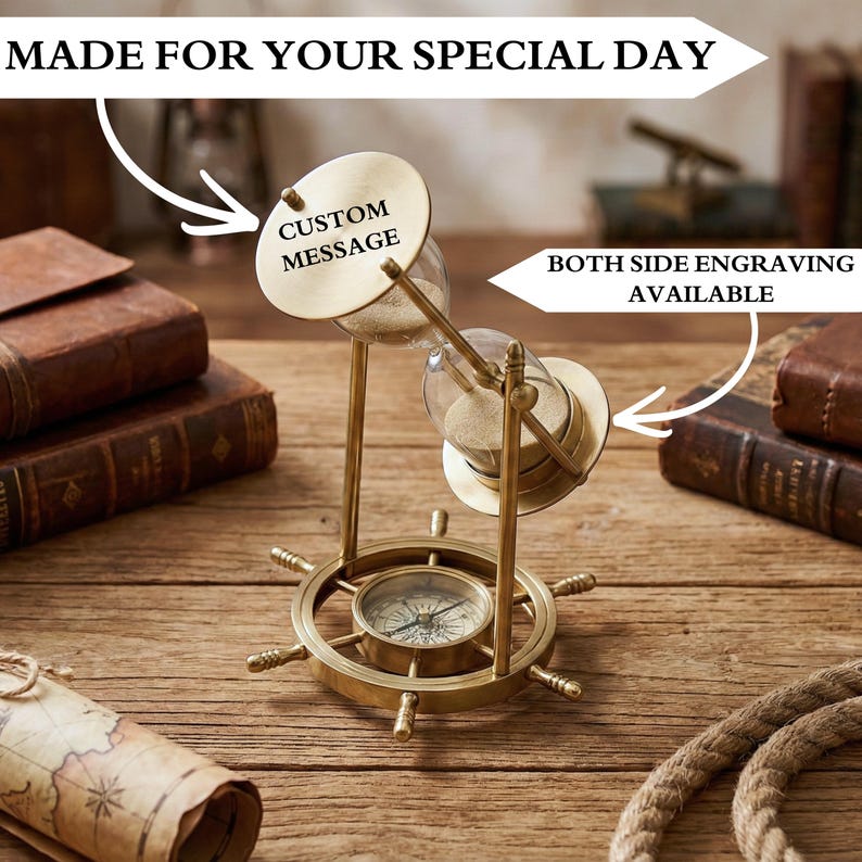 Fillable Brass Hourglass with Working Compass and Ship Wheel Base, 10-Minute view 2