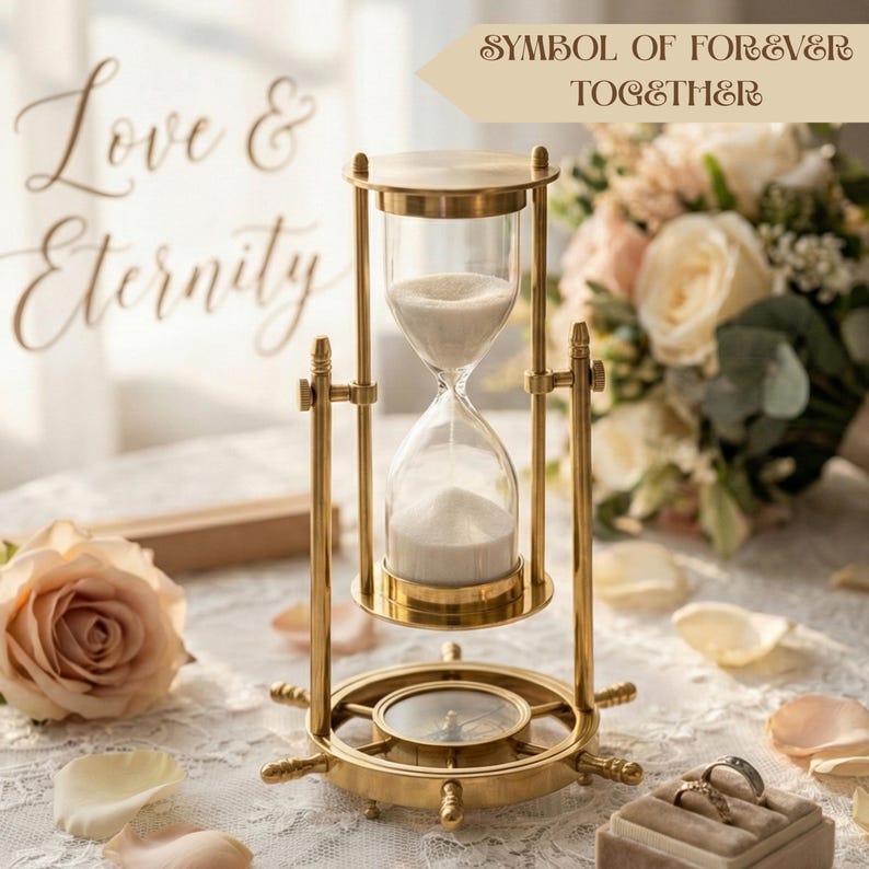 Fillable Brass Hourglass with Working Compass and Ship Wheel Base, 10-Minute view 3