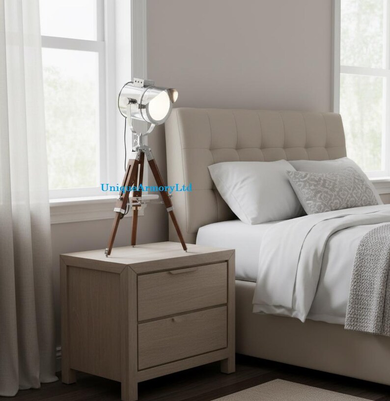 Chrome Spotlight on Wooden Tripod view 8