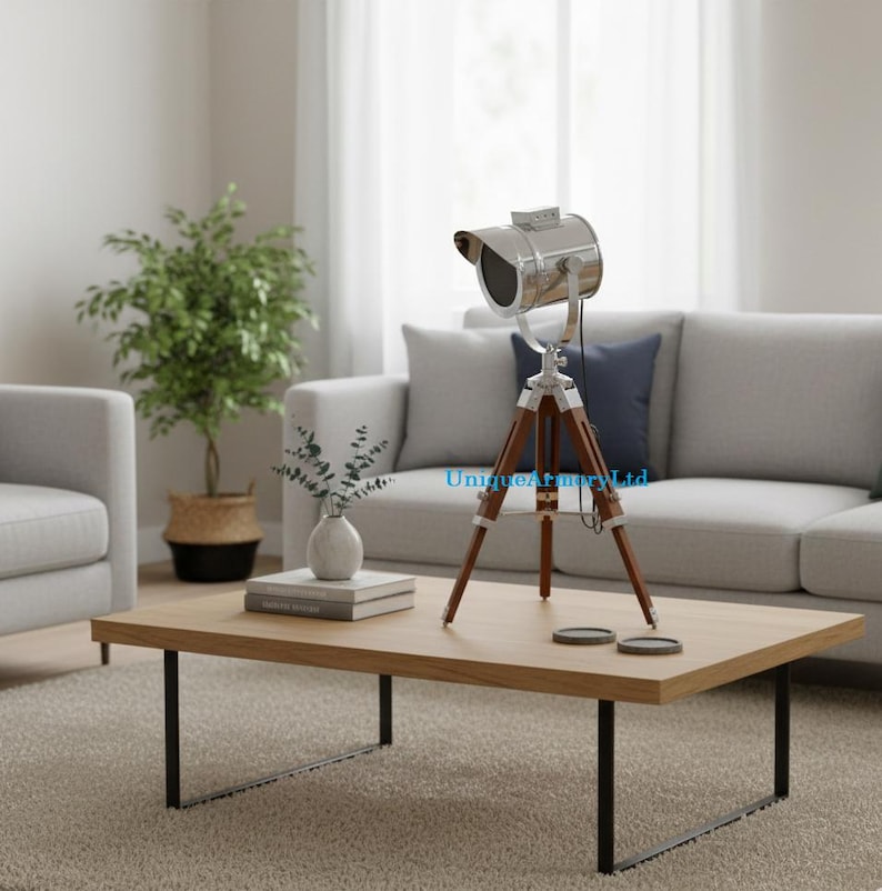 Chrome Spotlight on Wooden Tripod view 9
