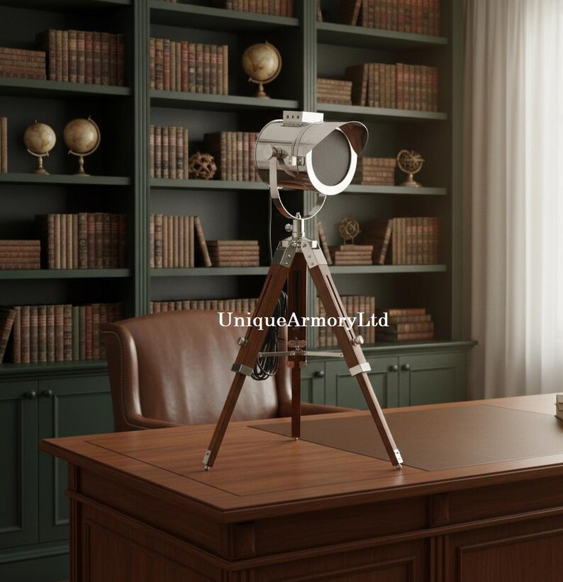 Chrome Spotlight on Wooden Tripod view 10