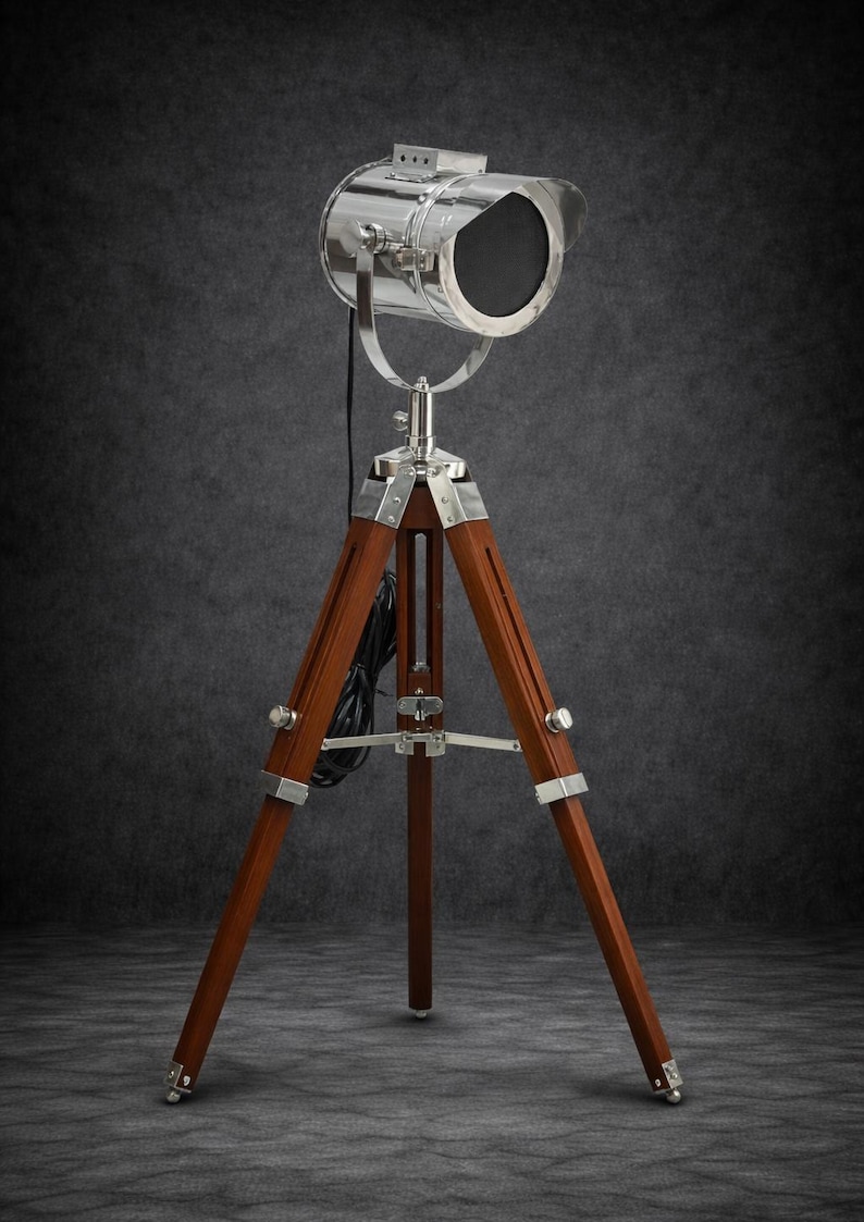 Chrome Spotlight on Wooden Tripod view 12