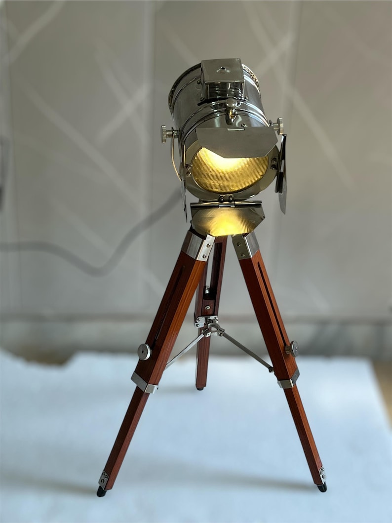 Chrome Spotlight on Wooden Tripod view 2