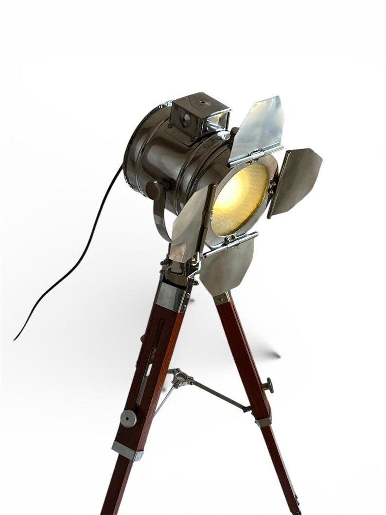Chrome Spotlight on Wooden Tripod view 5