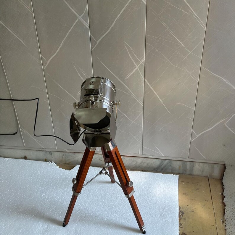Chrome Spotlight on Wooden Tripod view 8