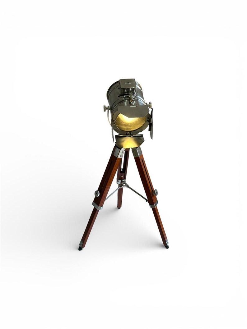 Chrome Spotlight on Wooden Tripod view 13