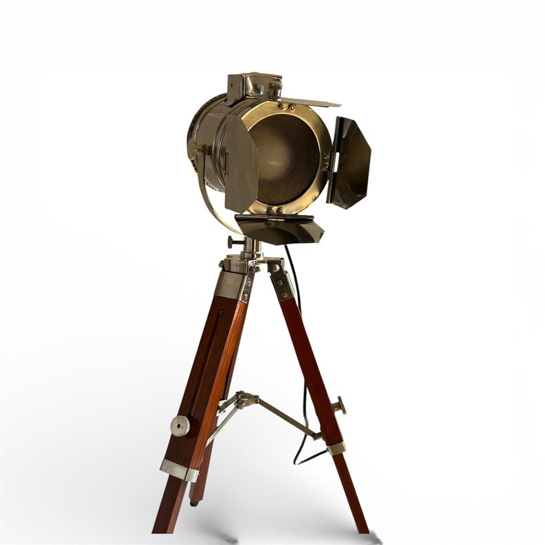 Chrome Spotlight on Wooden Tripod view 16