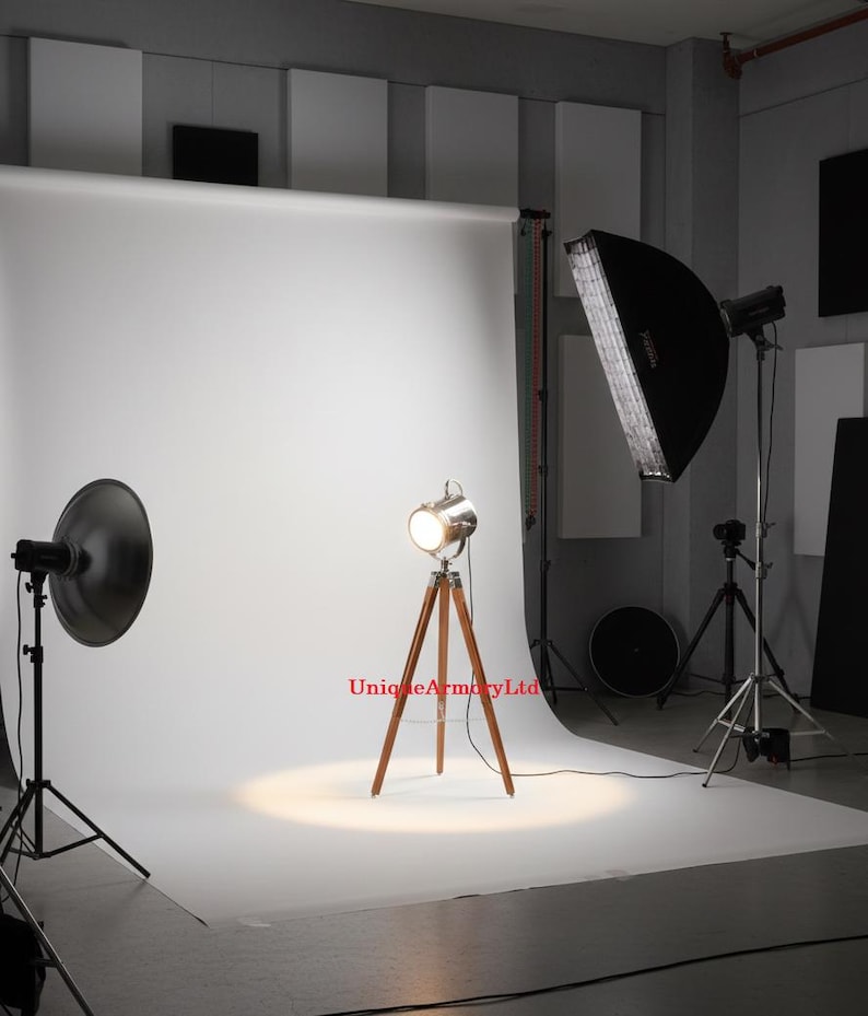 Chrome Spotlight on Wooden Tripod view 6