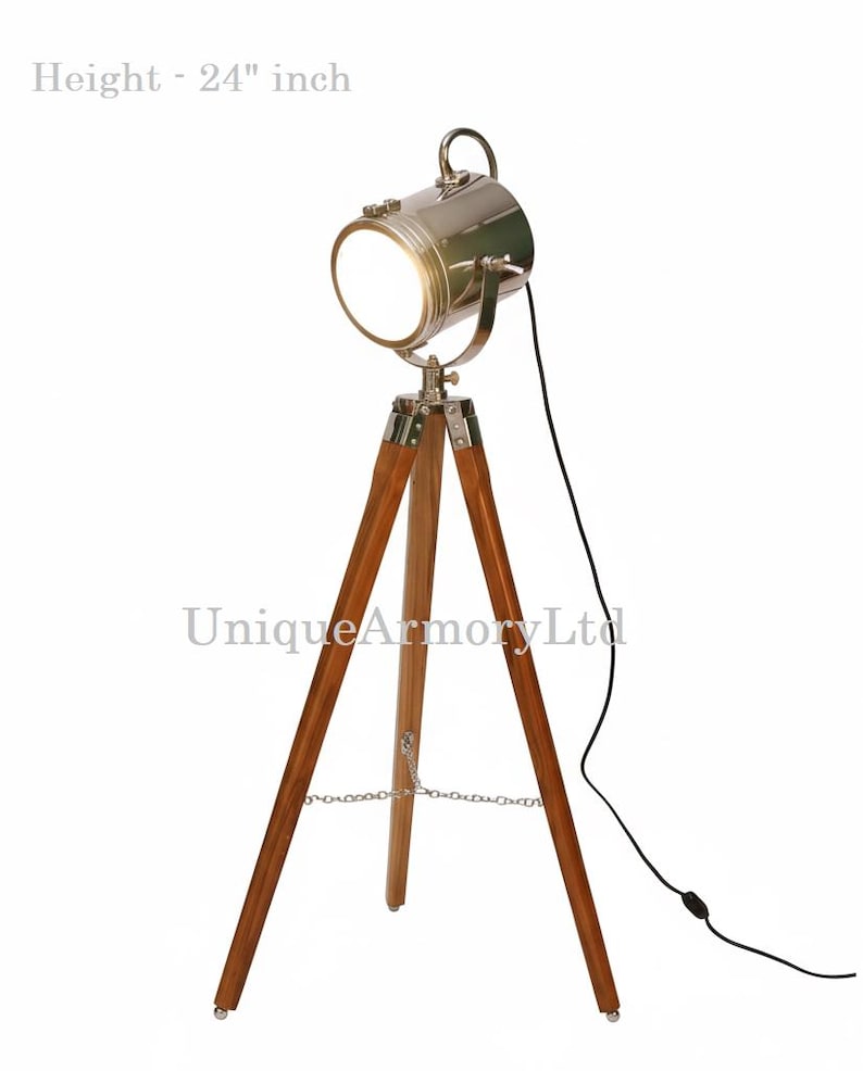 Chrome Spotlight on Wooden Tripod view 7