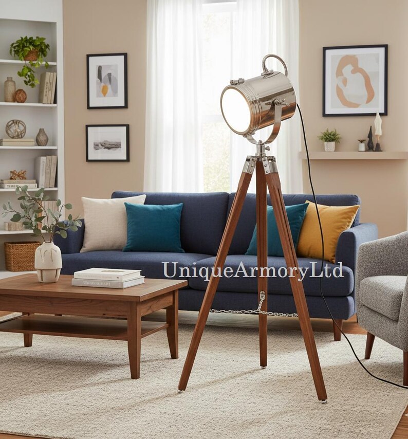 Chrome Spotlight on Wooden Tripod view 8