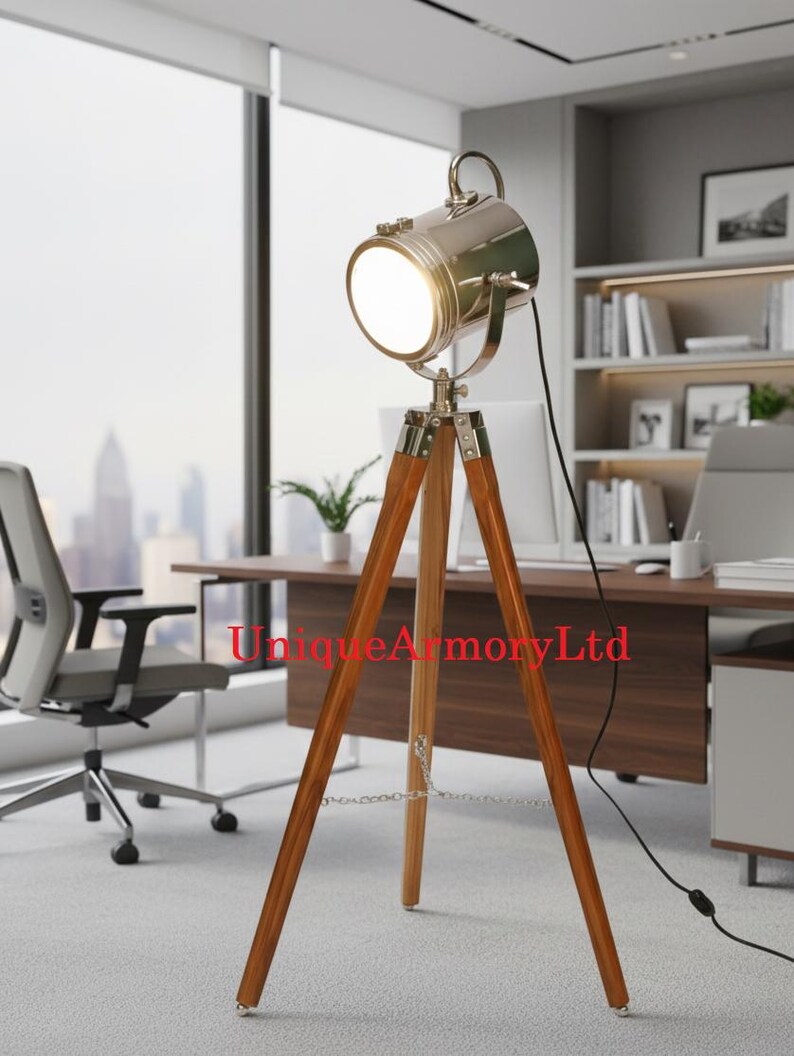 Chrome Spotlight on Wooden Tripod view 10
