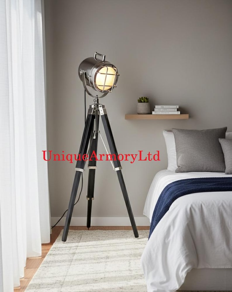 Chrome Spotlight on Black Wooden Tripod view 4