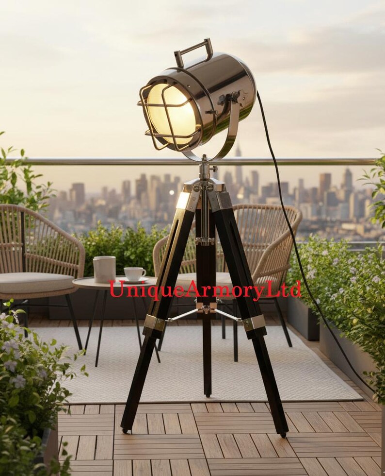 Chrome Spotlight on Black Wooden Tripod view 6