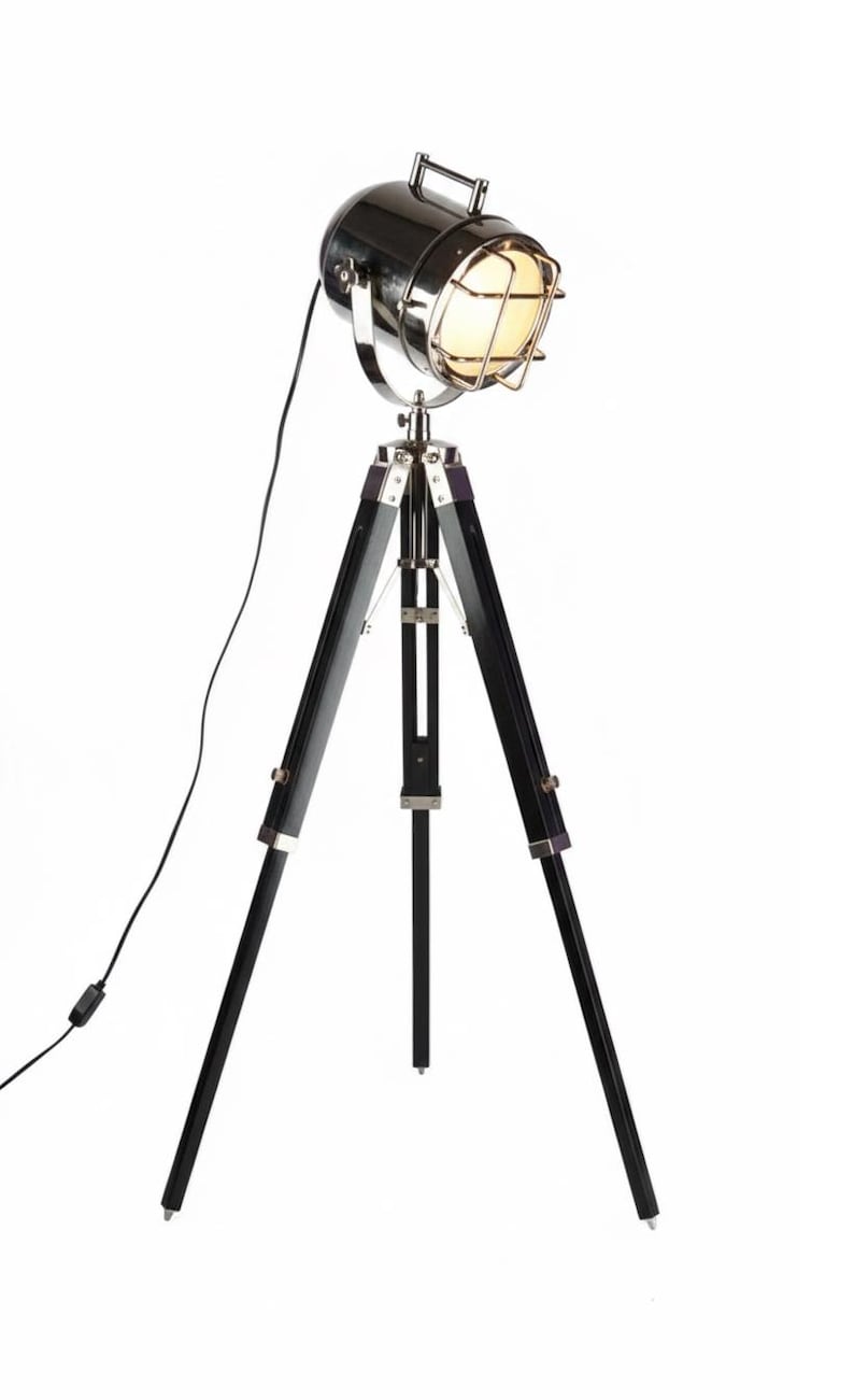 Chrome Spotlight on Black Wooden Tripod view 11