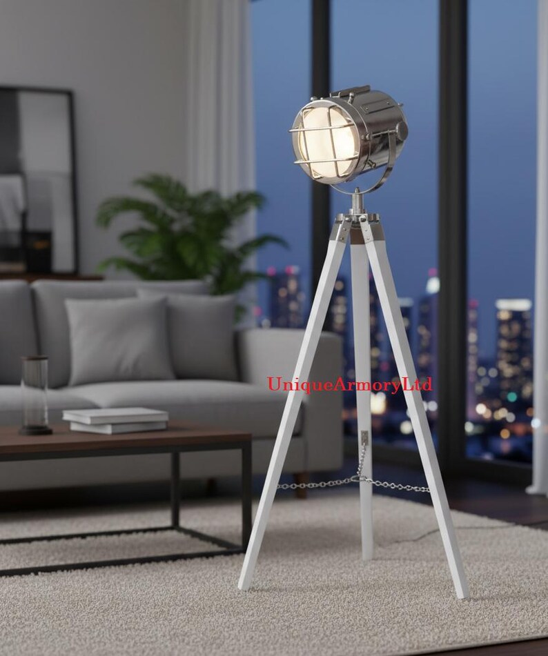 Chrome Spotlight on White Wooden Tripod view 4