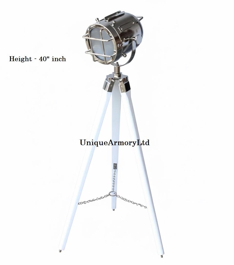 Chrome Spotlight on White Wooden Tripod view 5