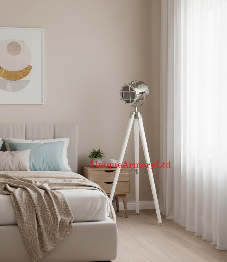 Chrome Spotlight on White Wooden Tripod view 9