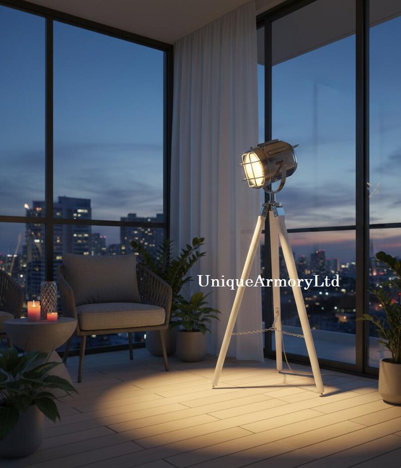 Chrome Spotlight on White Wooden Tripod view 10