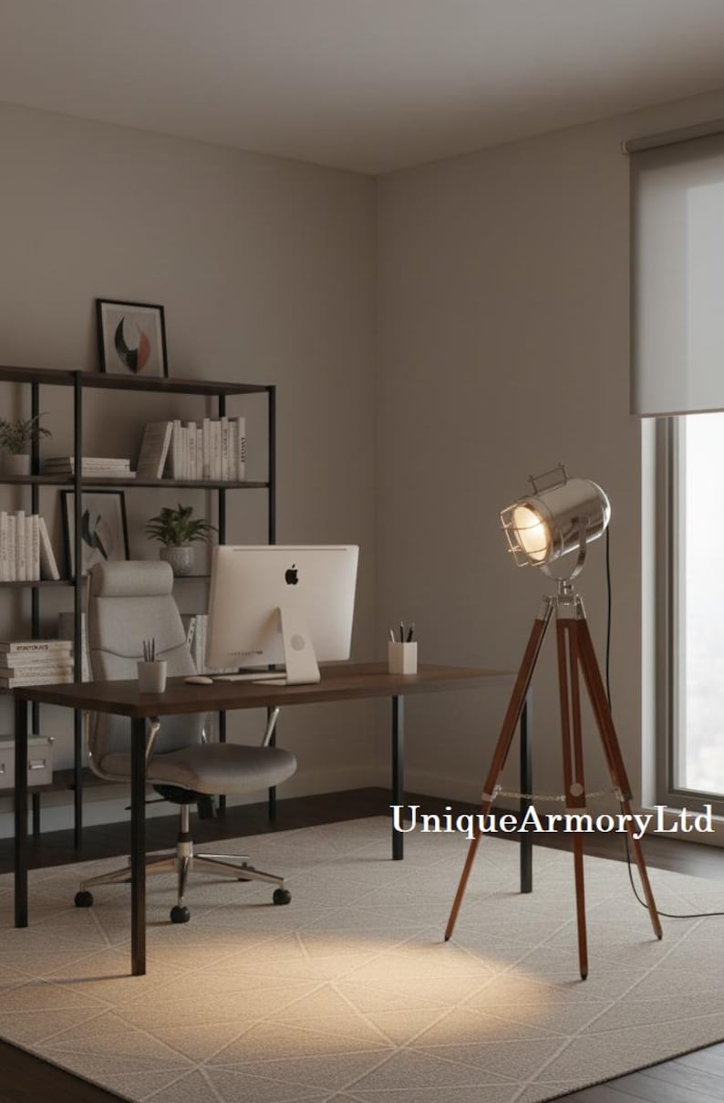 Chrome Spotlight on Wooden Tripod view 4