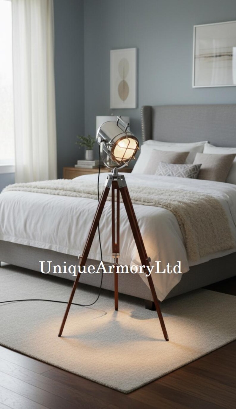 Chrome Spotlight on Wooden Tripod view 5