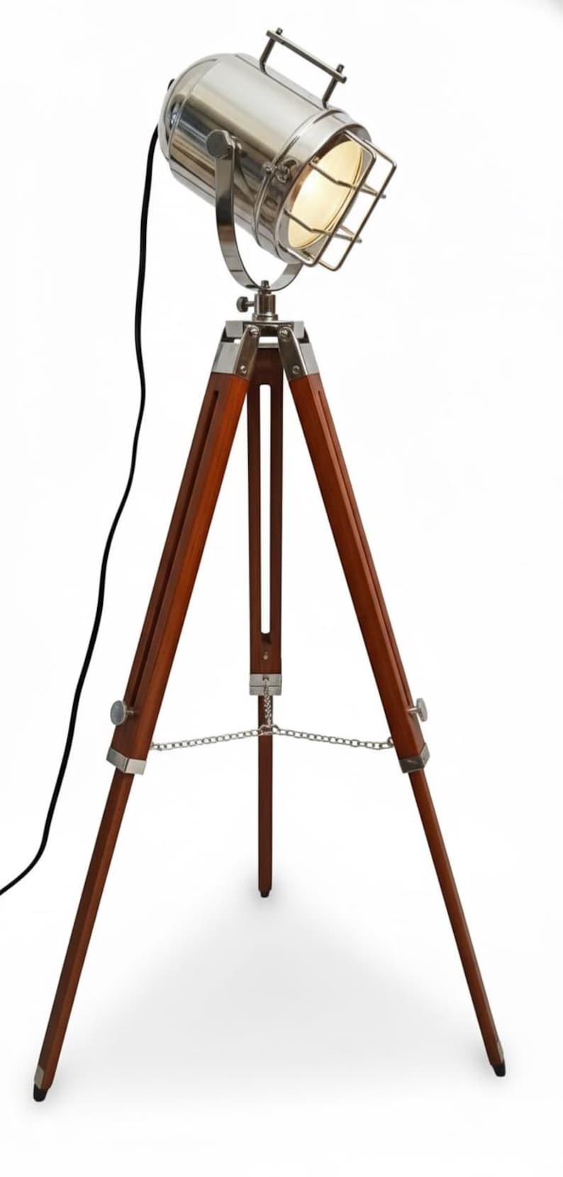 Chrome Spotlight on Wooden Tripod view 7