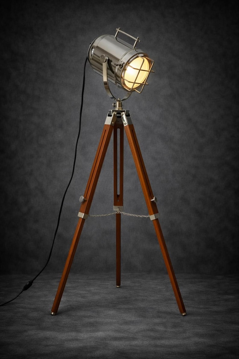 Chrome Spotlight on Wooden Tripod view 8