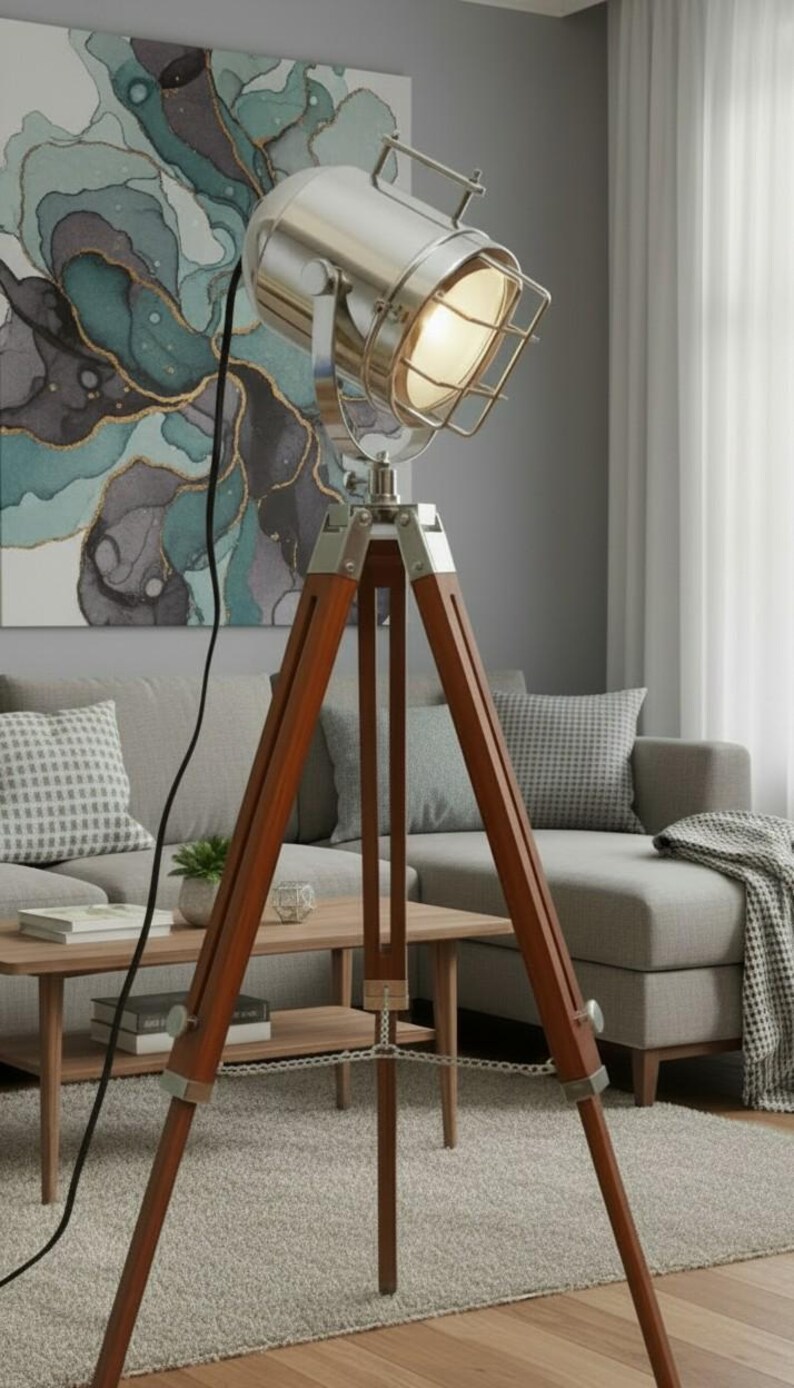 Chrome Spotlight on Wooden Tripod view 2