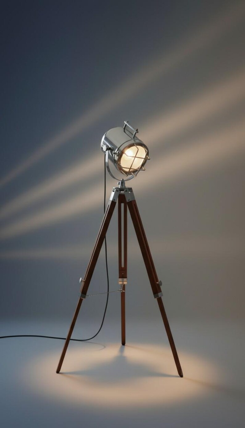 Chrome Spotlight on Wooden Tripod view 5