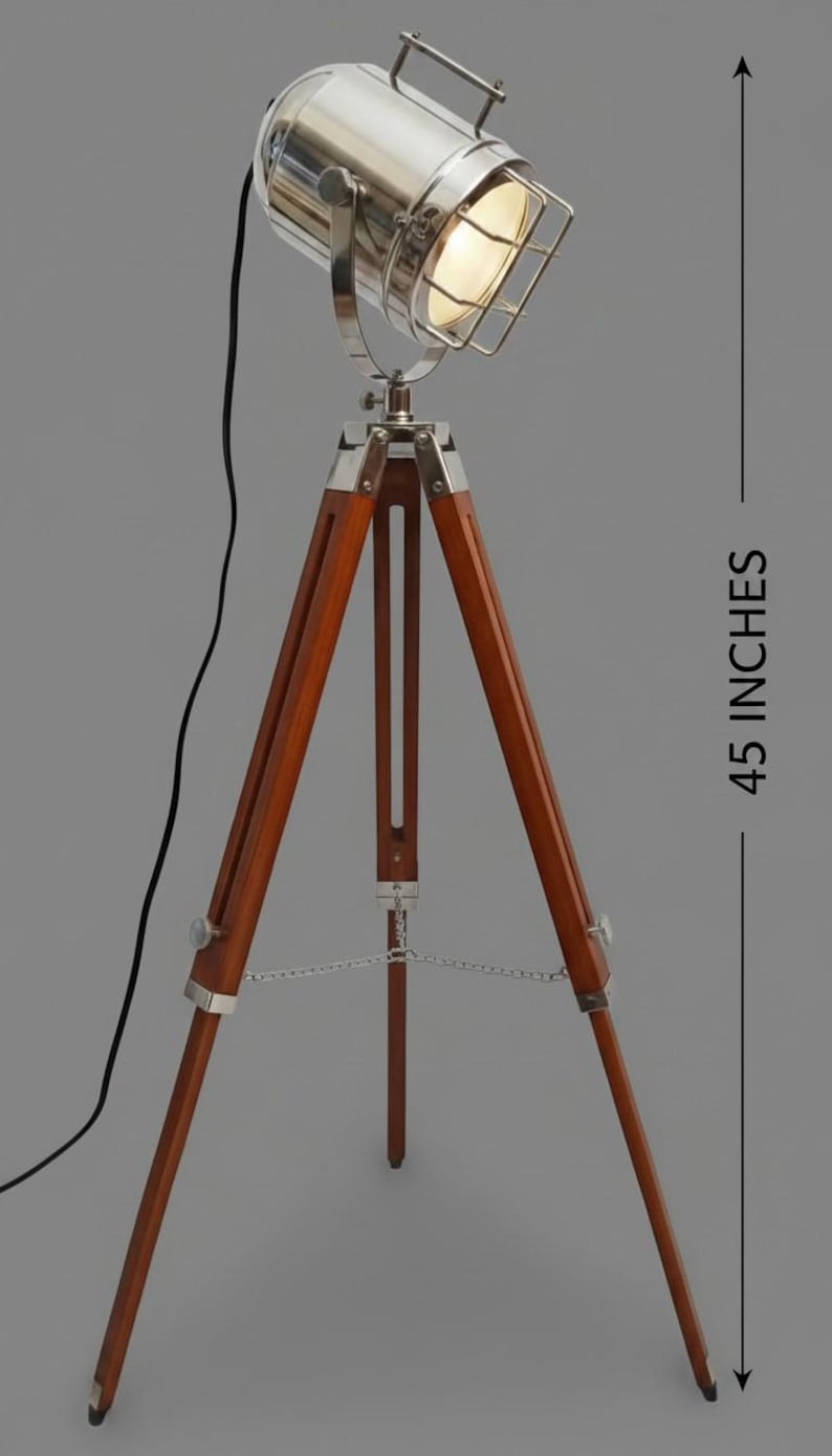 Chrome Spotlight on Wooden Tripod view 6