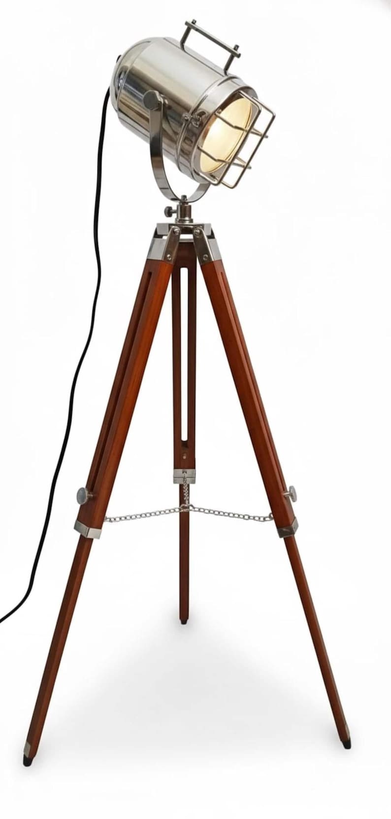 Chrome Spotlight on Wooden Tripod view 8