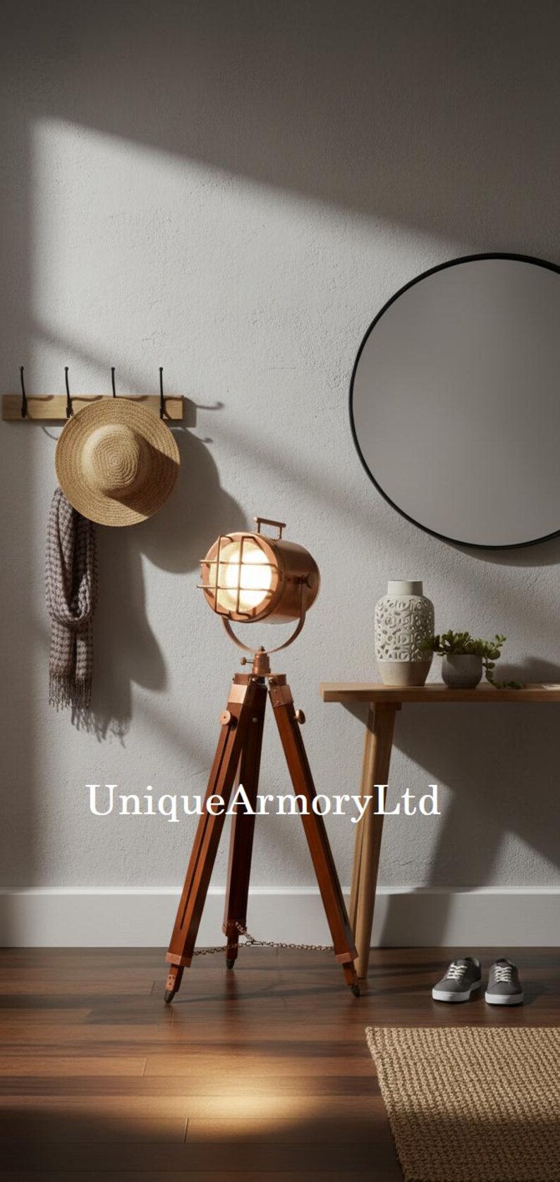 Copper Spotlight on Wooden Tripod view 3