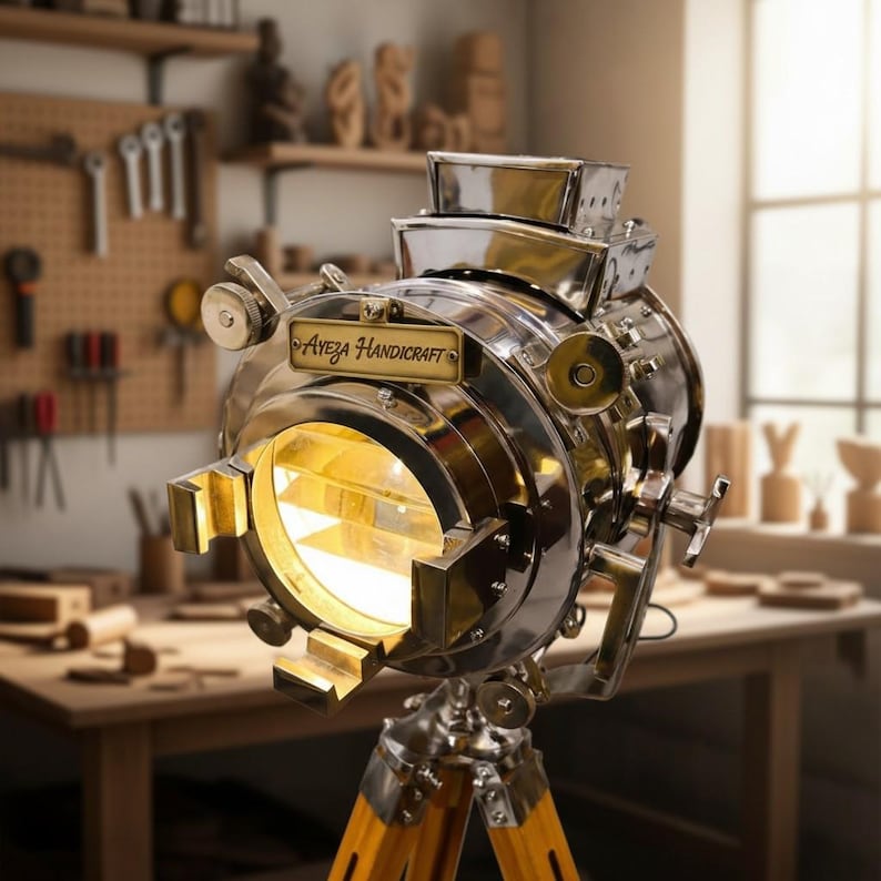 Chrome Spotlight on Wooden Tripod view 4