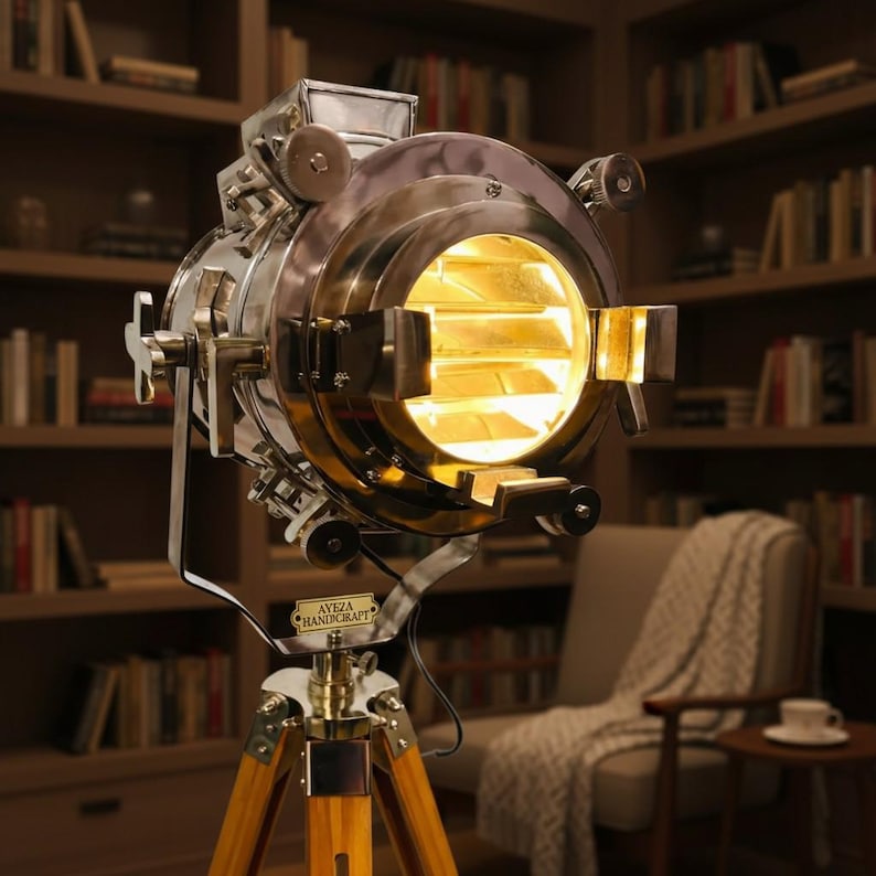 Chrome Spotlight on Wooden Tripod view 6