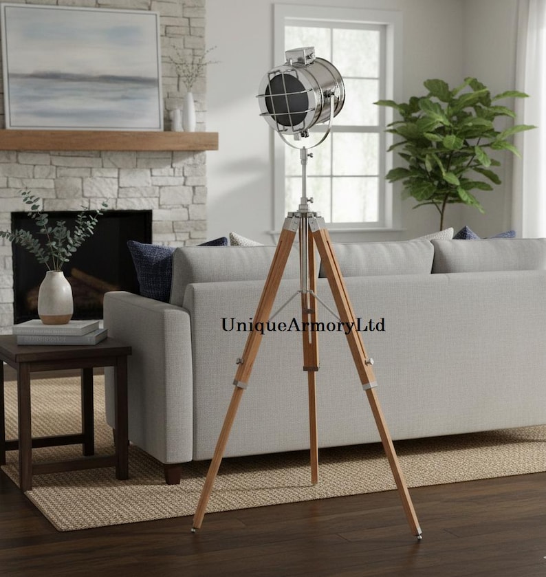 Chrome Spotlight on Wooden Tripod view 2