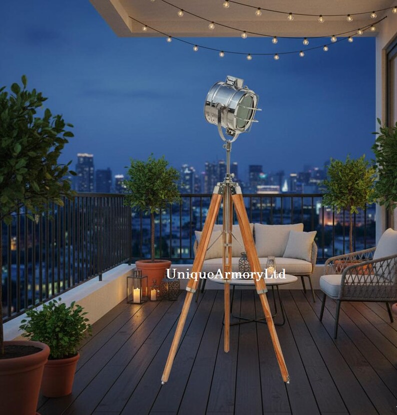 Chrome Spotlight on Wooden Tripod view 5