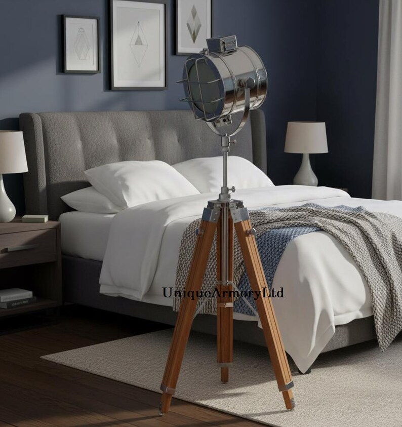 Chrome Spotlight on Wooden Tripod view 8