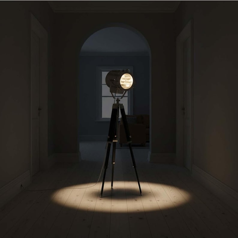 Chrome Spotlight on Black Wooden Tripod view 4
