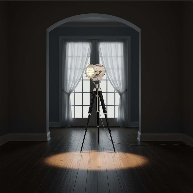 Chrome Spotlight on Black Wooden Tripod view 6