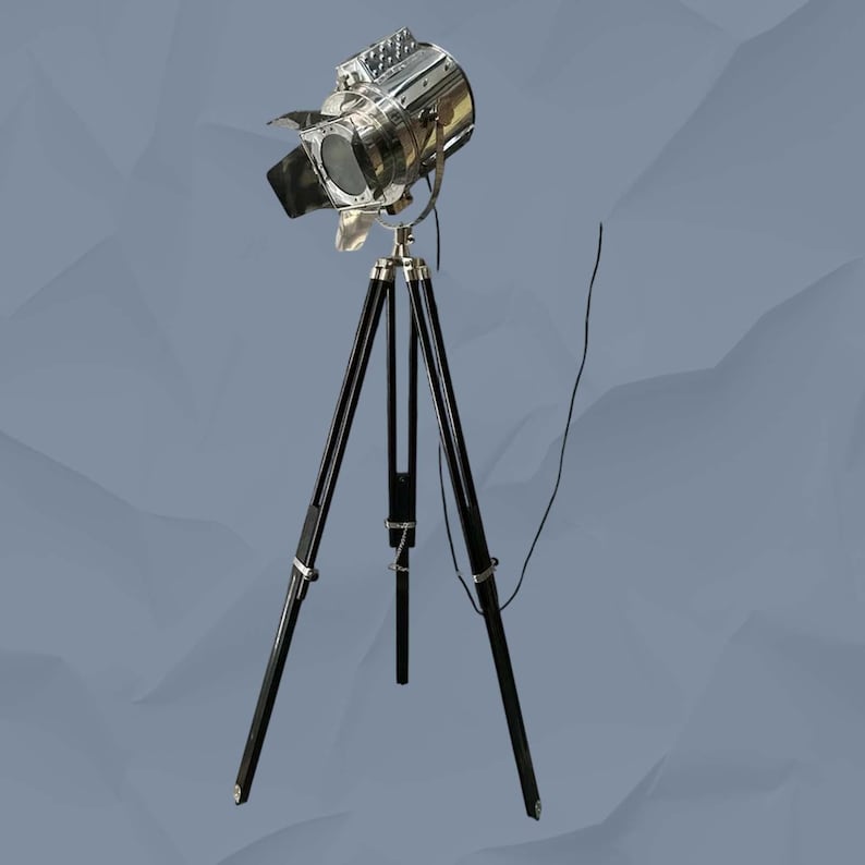 Chrome Spotlight on Black Wooden Tripod view 9