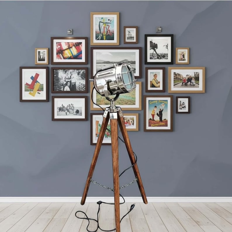 Chrome Spotlight on Wooden Tripod view 6