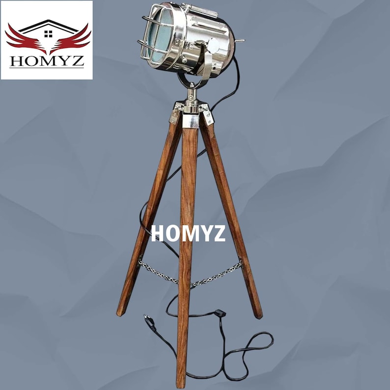 Chrome Spotlight on Wooden Tripod view 7