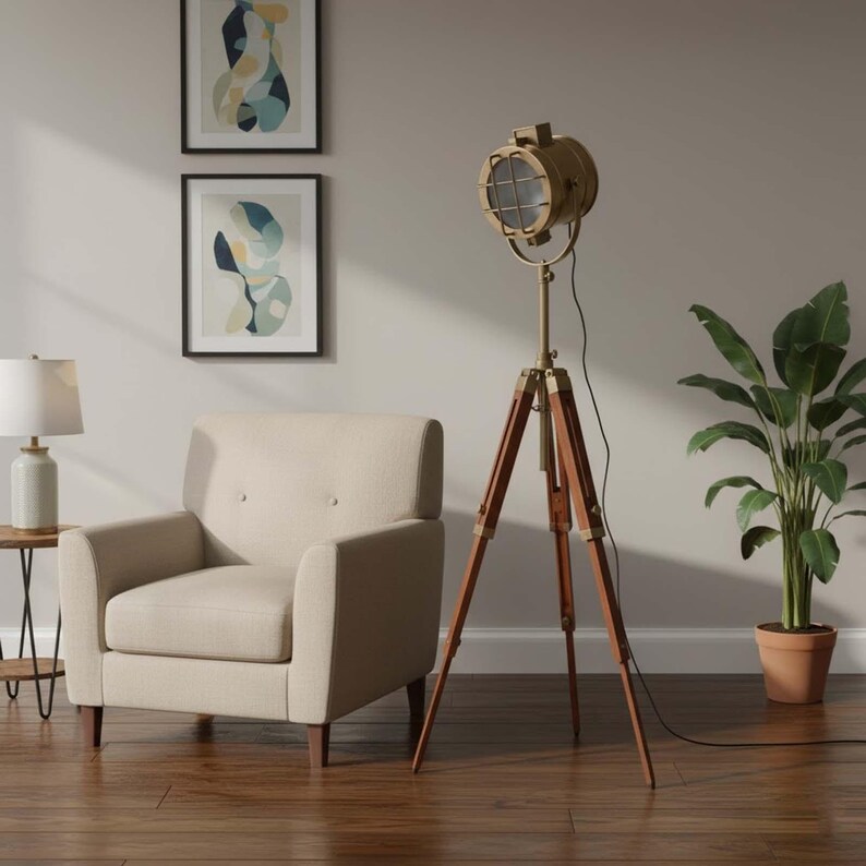 Antique Finish Spotlight on Wooden Tripod view 8