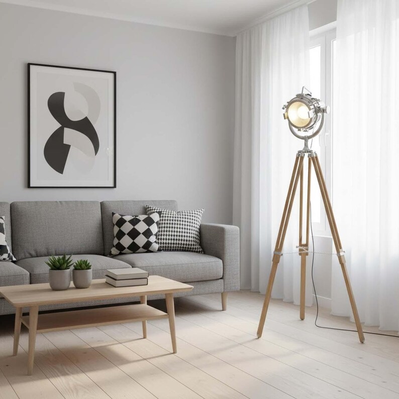Chrome Spotlight on Wooden Tripod view 4