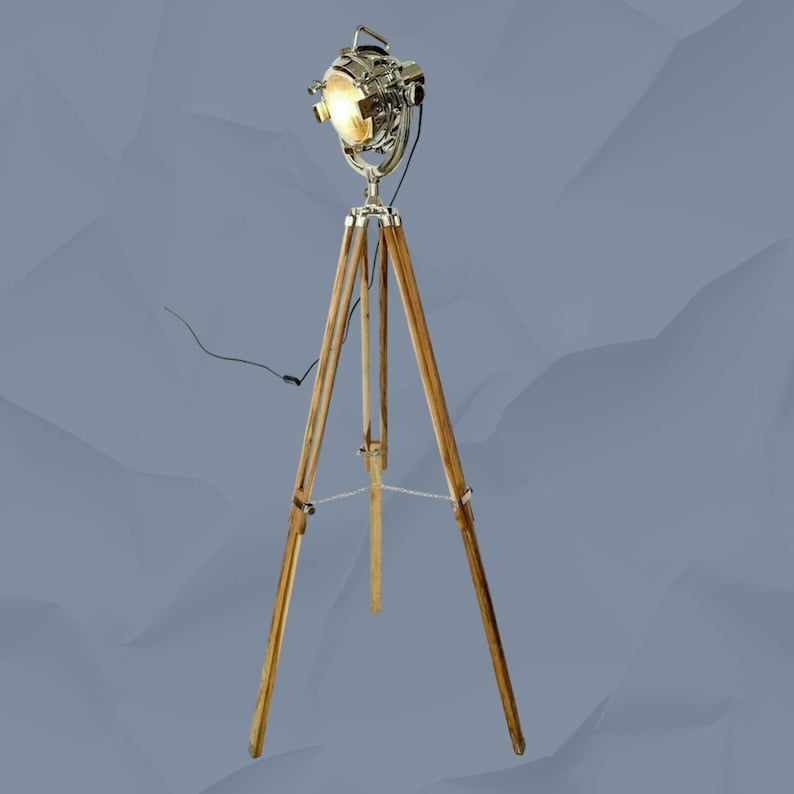Chrome Spotlight on Wooden Tripod view 9