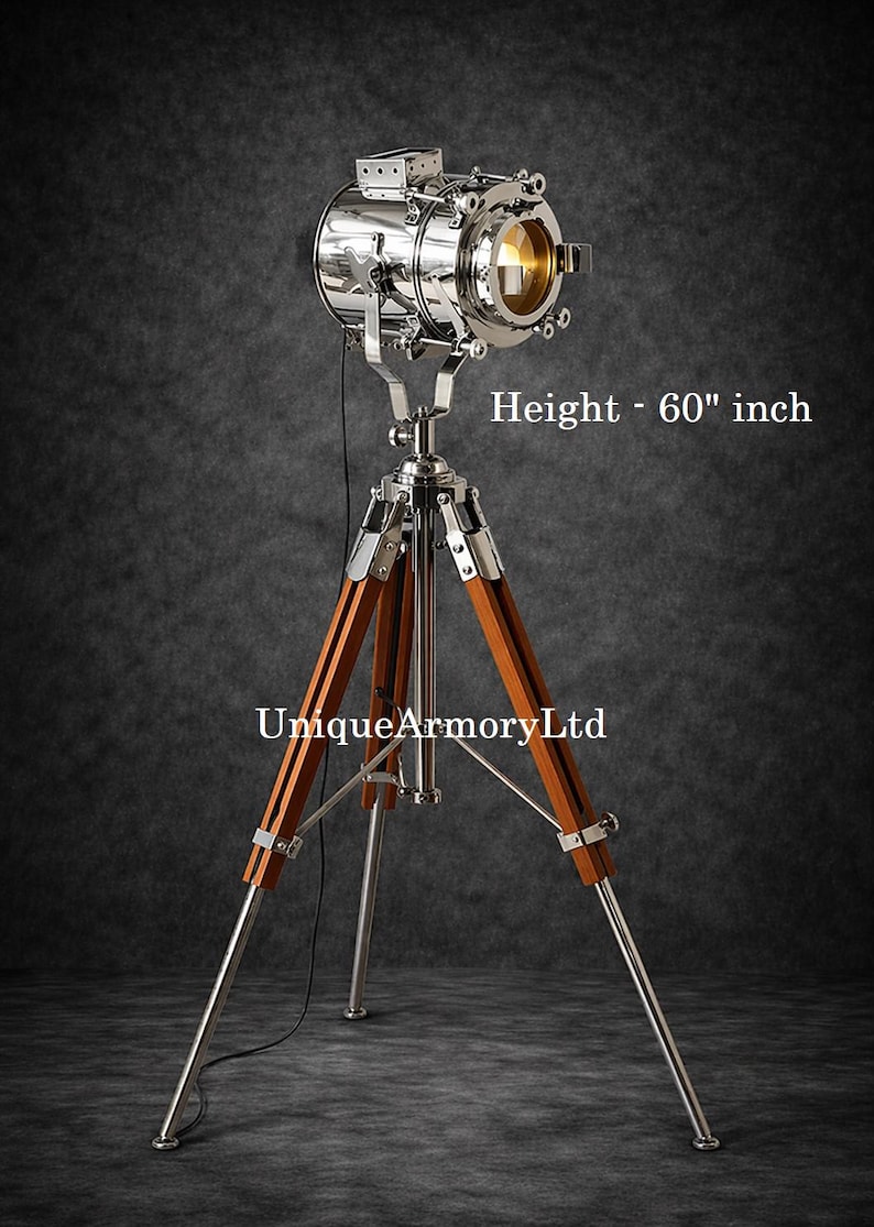 Chrome Spotlight on Wooden Tripod view 2