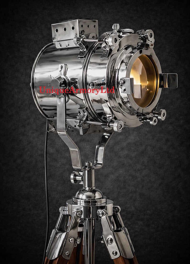Chrome Spotlight on Wooden Tripod view 3