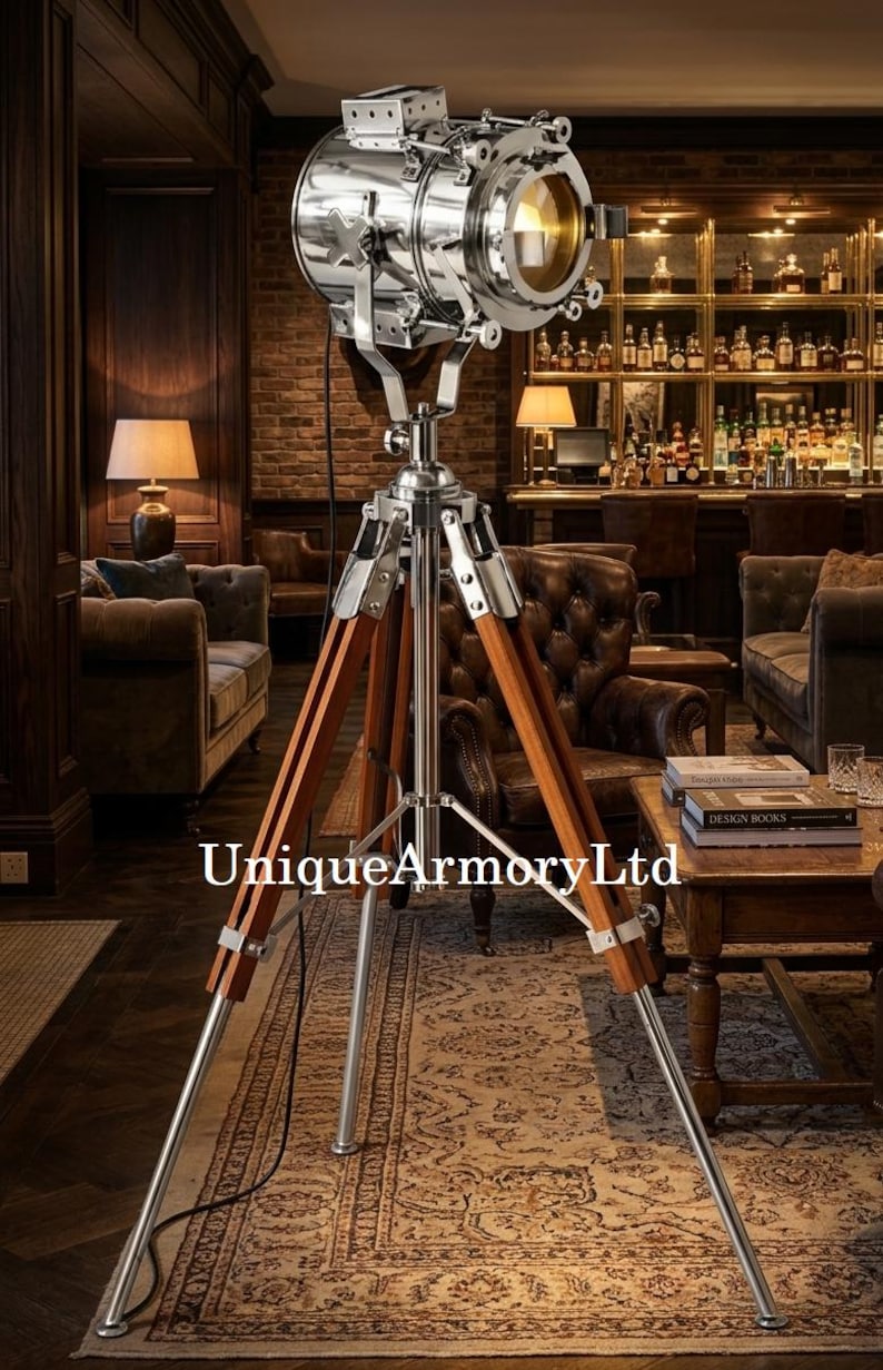 Chrome Spotlight on Wooden Tripod view 6