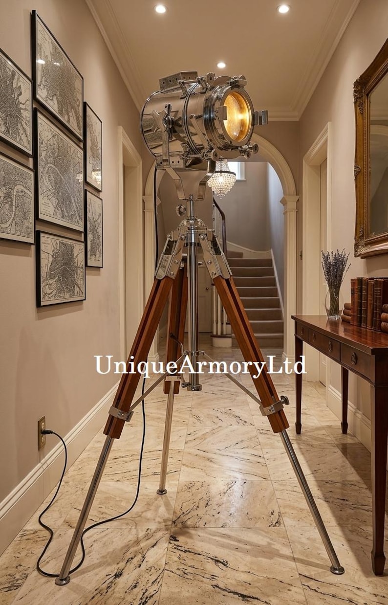 Chrome Spotlight on Wooden Tripod view 8