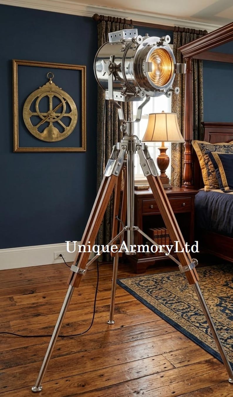 Chrome Spotlight on Wooden Tripod view 9